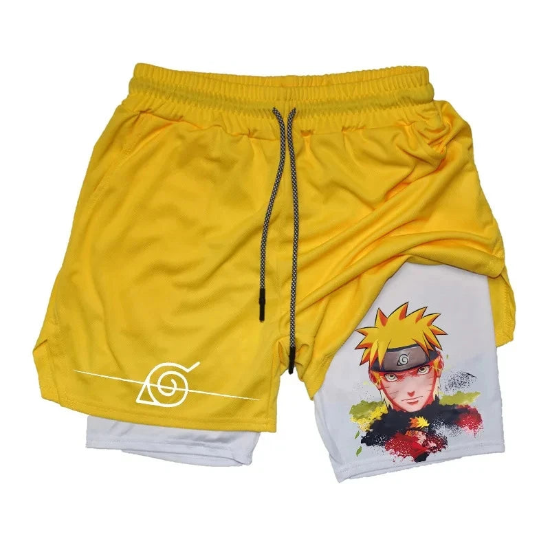 Anime Compression Shorts for Men: 2-in-1 Performance Gear with Phone Pocket for Quick Dry Fitness