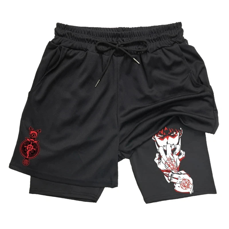 Anime 2-in-1 Compression Shorts: Quick Dry Athletic Gym Shorts for Men's Fitness and Running