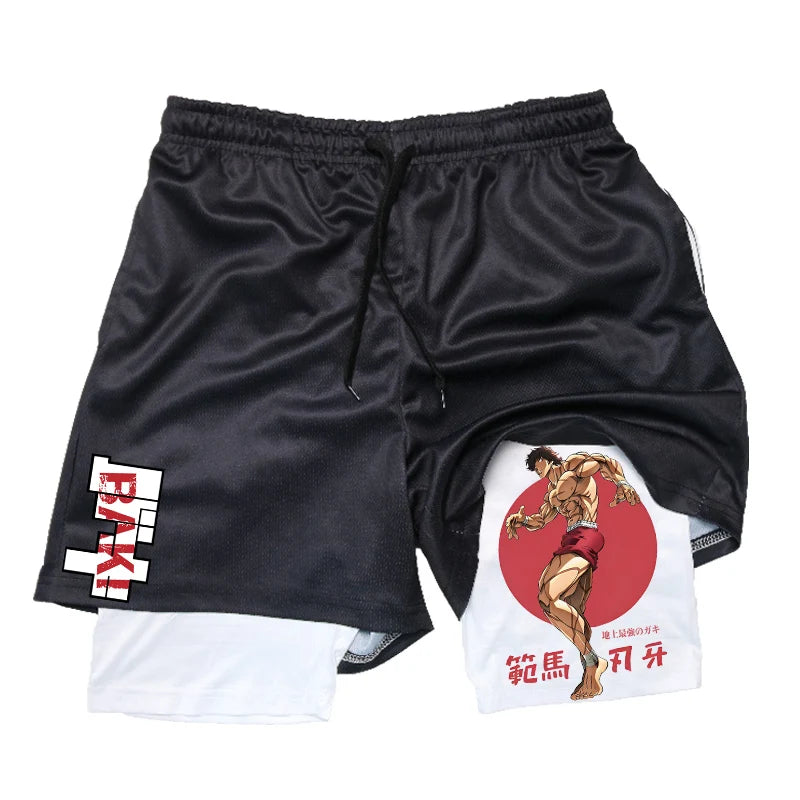 Baki Hanma Anime 2-in-1 Compression Shorts: Quick Dry Gym Fitness Shorts