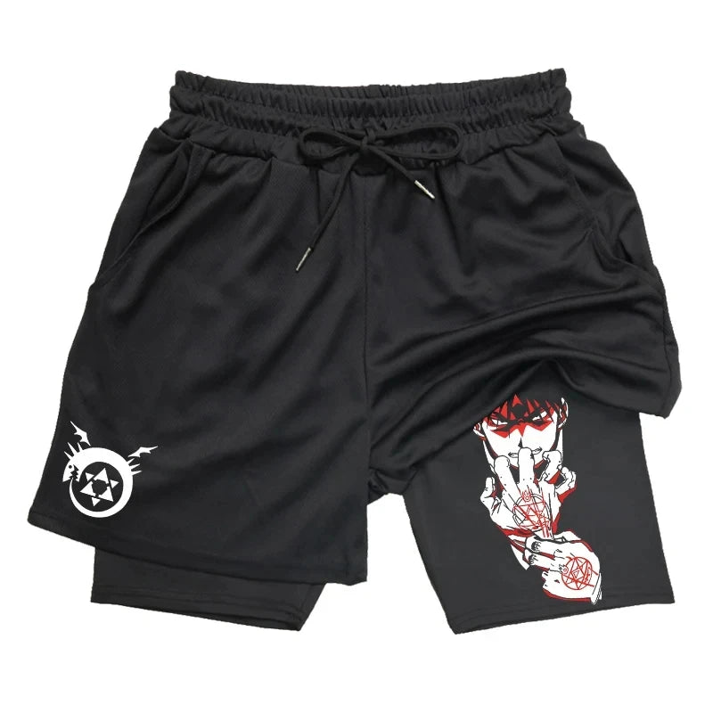 Anime 2-in-1 Compression Shorts: Quick Dry Athletic Gym Shorts for Men's Fitness and Running