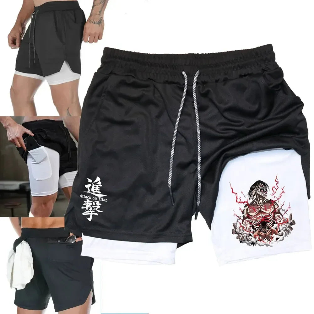 Double Layer Anime Fitness Shorts for Men: Breathable and Quick Dry