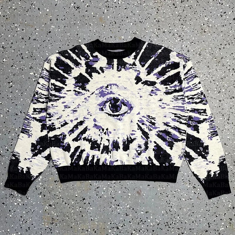 Eye Graphic Knitted Sweater: Unisex Retro Vintage Cotton Pullover for Couples