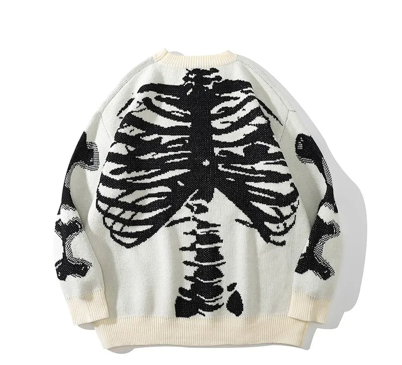 Vintage Skeleton Print Sweater: Oversized Cotton Pullover for Men & Women