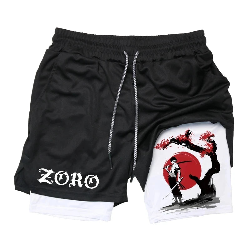 Anime 2-in-1 Compression Shorts: Quick Dry Athletic Gym Shorts for Men's Fitness and Running