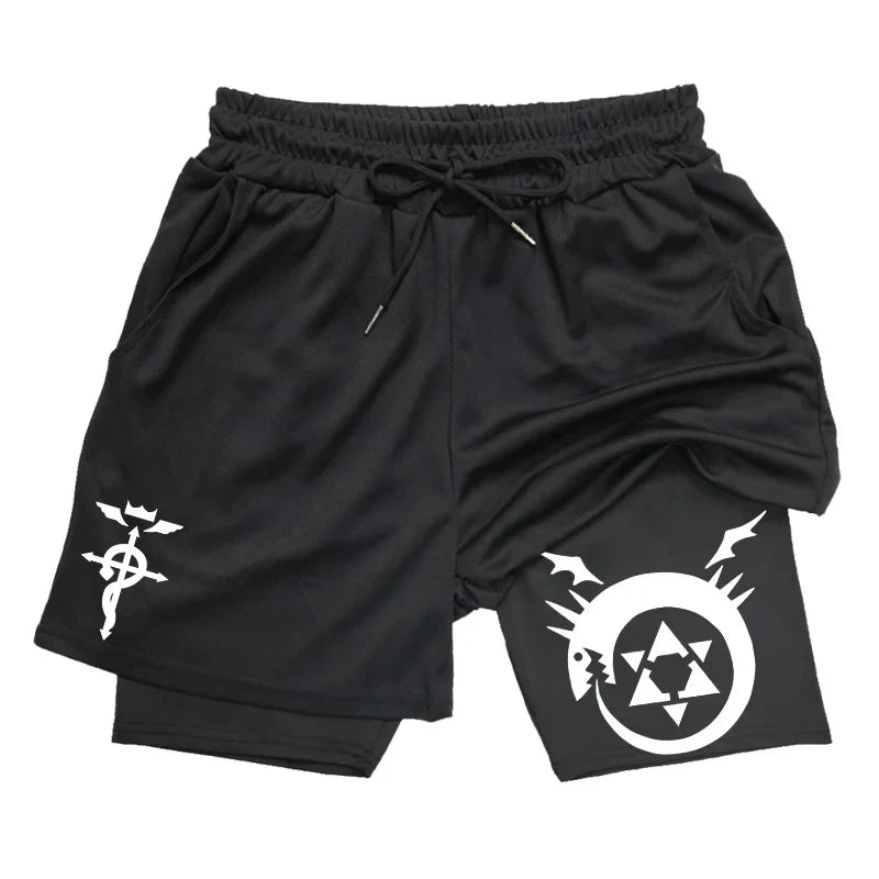 Anime 2-in-1 Compression Shorts: Quick Dry Athletic Gym Shorts for Men's Fitness and Running