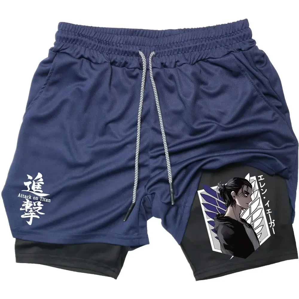 Double Layer Anime Fitness Shorts for Men: Breathable and Quick Dry