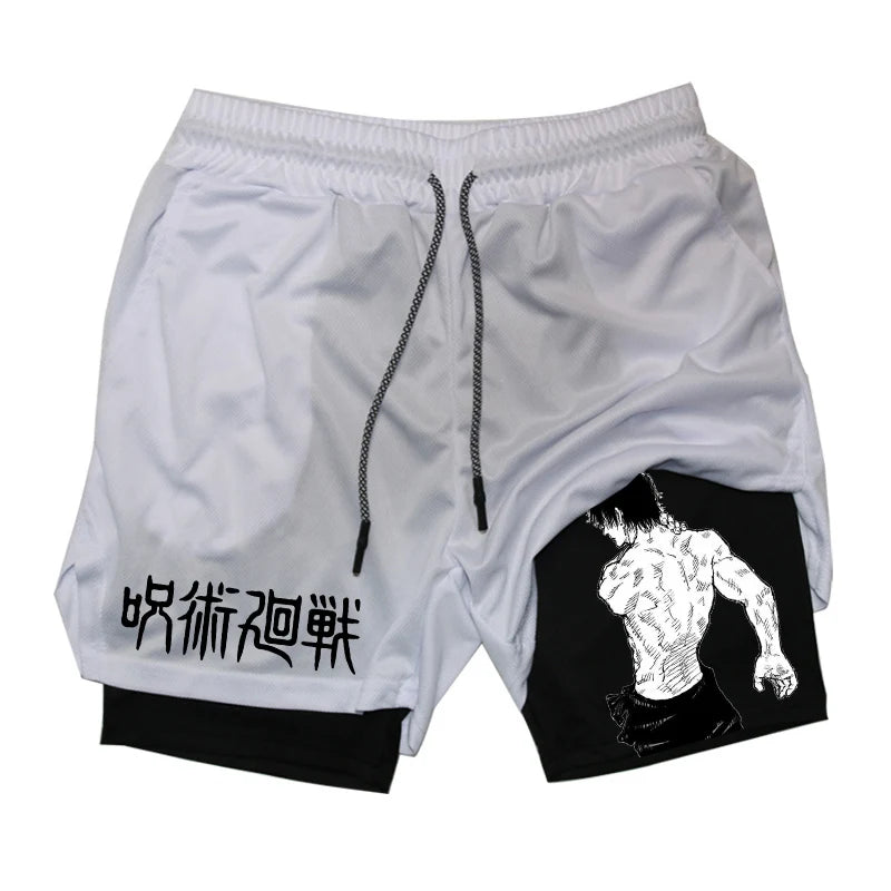 Anime Fusion: Men's 2-in-1 Compression Shorts with Graphic Design.