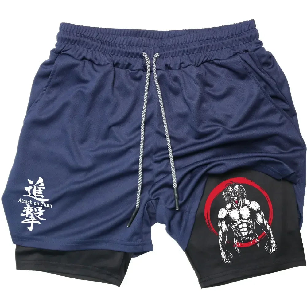 Double Layer Anime Fitness Shorts for Men: Breathable and Quick Dry