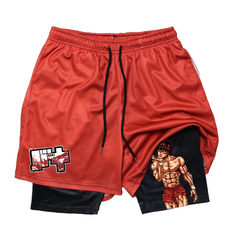 Baki Hanma Anime 2-in-1 Compression Shorts: Quick Dry Gym Fitness Shorts