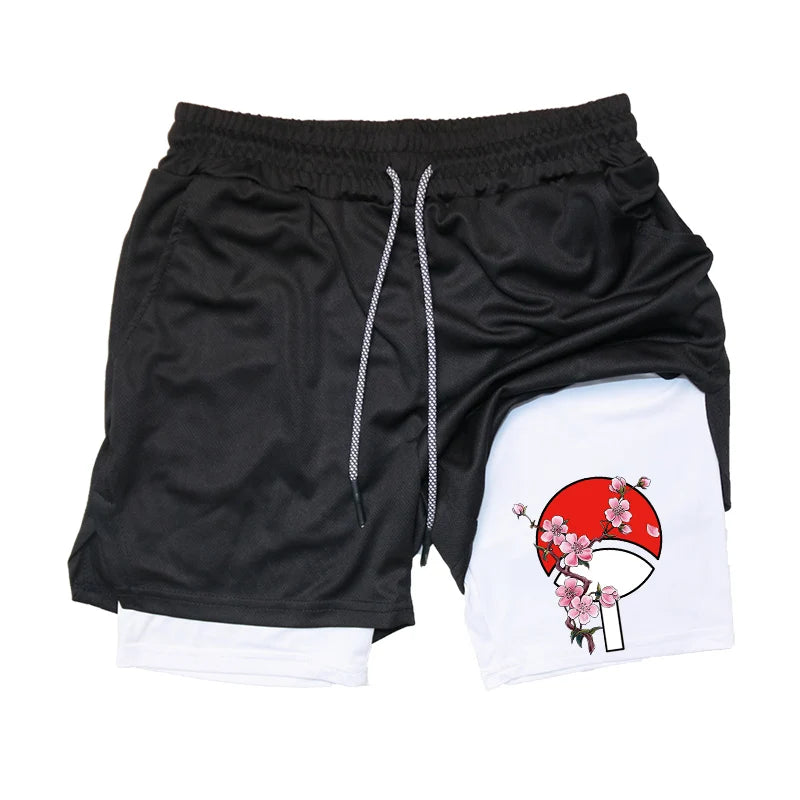 Anime Fusion: Men's 2 in 1 Workout Shorts with Towel Loop and Graphic Detail.