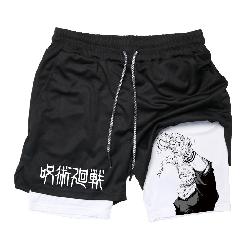 Anime Fusion: Men's Graphic 2-in-1 Compression Shorts - Gym Workout Essential.