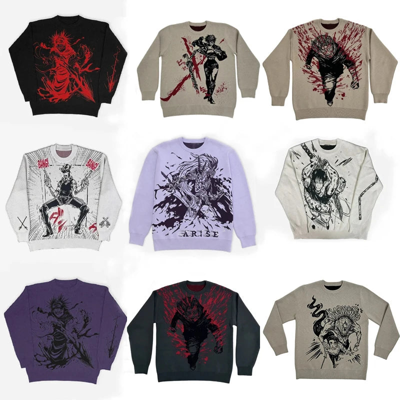 New Hip Hop Gothic Dark Anime Print Knitted Sweater: Oversized Pullover for Men and Women