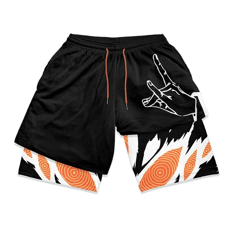 Anime Print Men's 2-in-1 Compression Gym Shorts: Quick Dry Performance