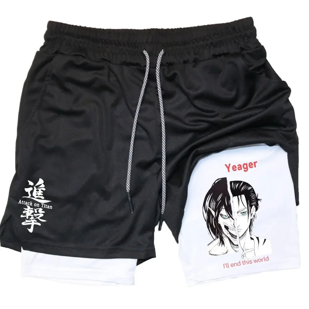 Double Layer Anime Fitness Shorts for Men: Breathable and Quick Dry