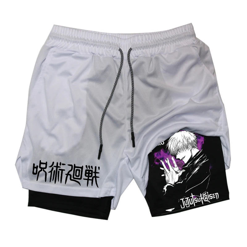 Anime Fusion: Graphic 2 in 1 Compression Shorts for Men with Innovative Features.