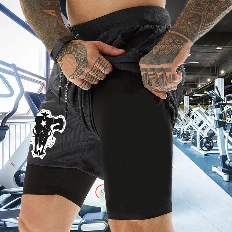 Anime Fusion: Men's Gym and Running 2-in-1 Compression Shorts - Quick Dry and Stretchy.