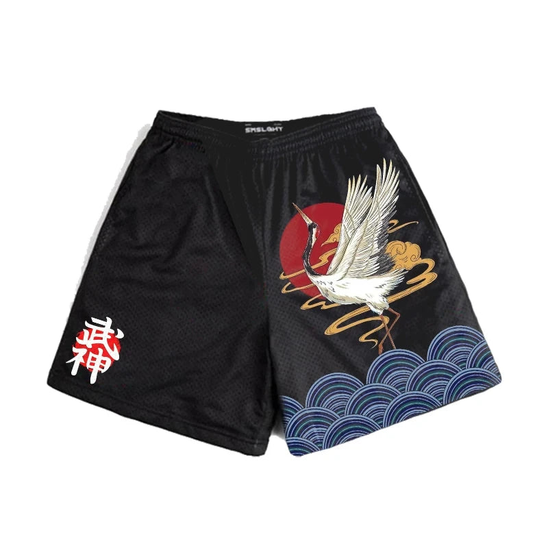 Japanese Anime Style Shorts for Men: Y2K Beach Casual Fashion, Quick Dry Workout Mesh Sweatpants