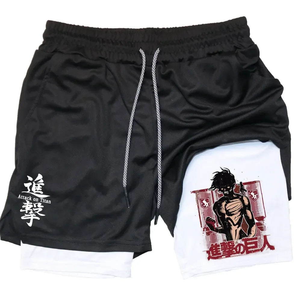 Double Layer Anime Fitness Shorts for Men: Breathable and Quick Dry