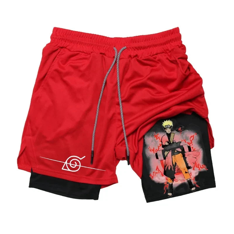 Anime Compression Shorts for Men: 2-in-1 Performance Gear with Phone Pocket for Quick Dry Fitness