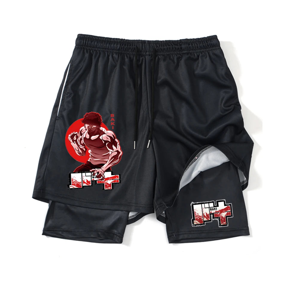 Baki Hanma Anime 2-in-1 Compression Shorts: Quick Dry Gym Fitness Shorts