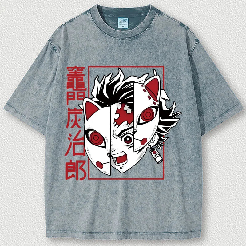 Demon Slayer T-shirt Oversized Acid Washed Tee Print Retro Vintage Punk & Gothic Unisex Adults' Hot Stamping 100% Cotton.