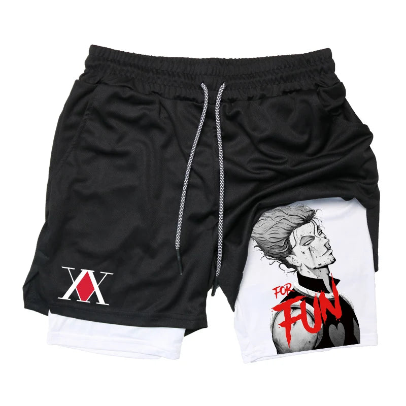 Anime Fusion: Men's Graphic 2-in-1 Performance Shorts - Ideal for Gym, Fitness, and Running with Compression Liner and Phone Pockets.