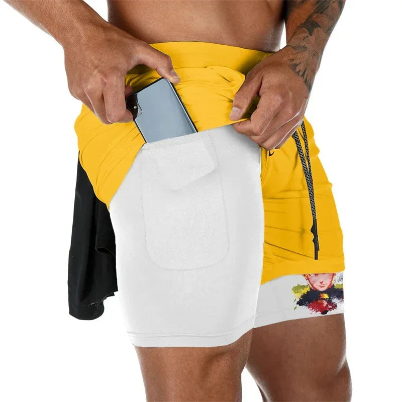 Anime Compression Shorts: Gym Athletic Quick Dry 2-in-1 Performance Shorts with Phone Pocket for Men