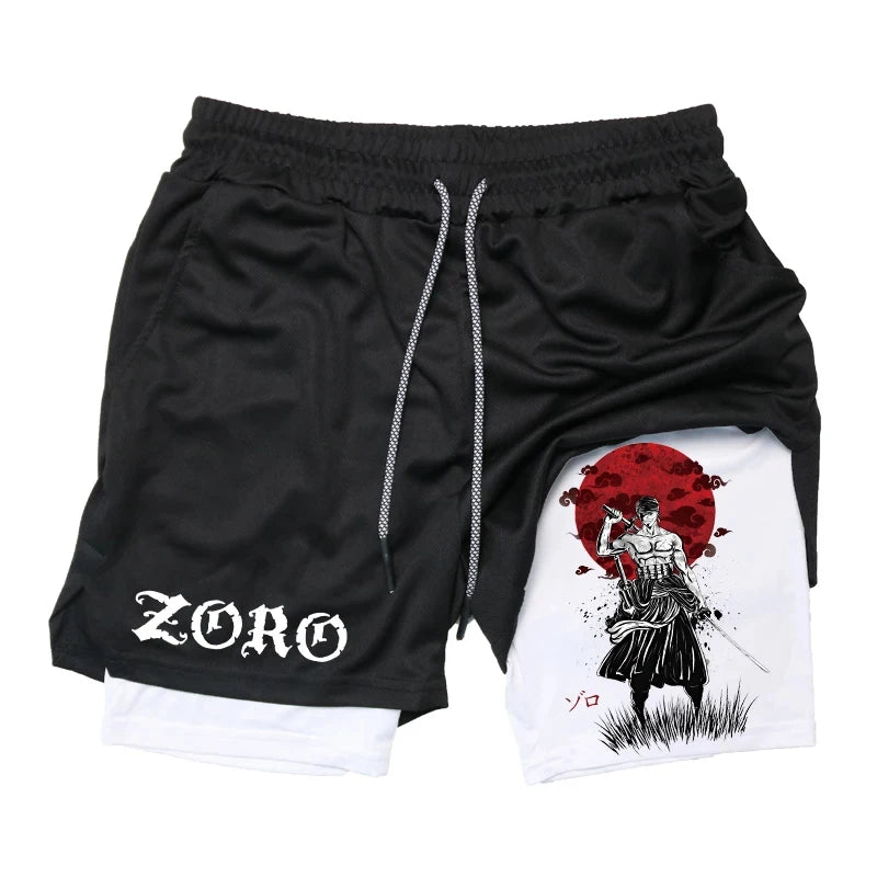 Anime 2-in-1 Compression Shorts: Quick Dry Athletic Gym Shorts for Men's Fitness and Running