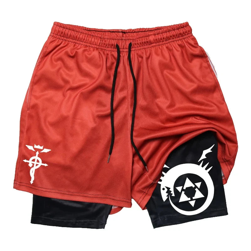 Anime 2-in-1 Compression Shorts: Quick Dry Athletic Gym Shorts for Men's Fitness and Running