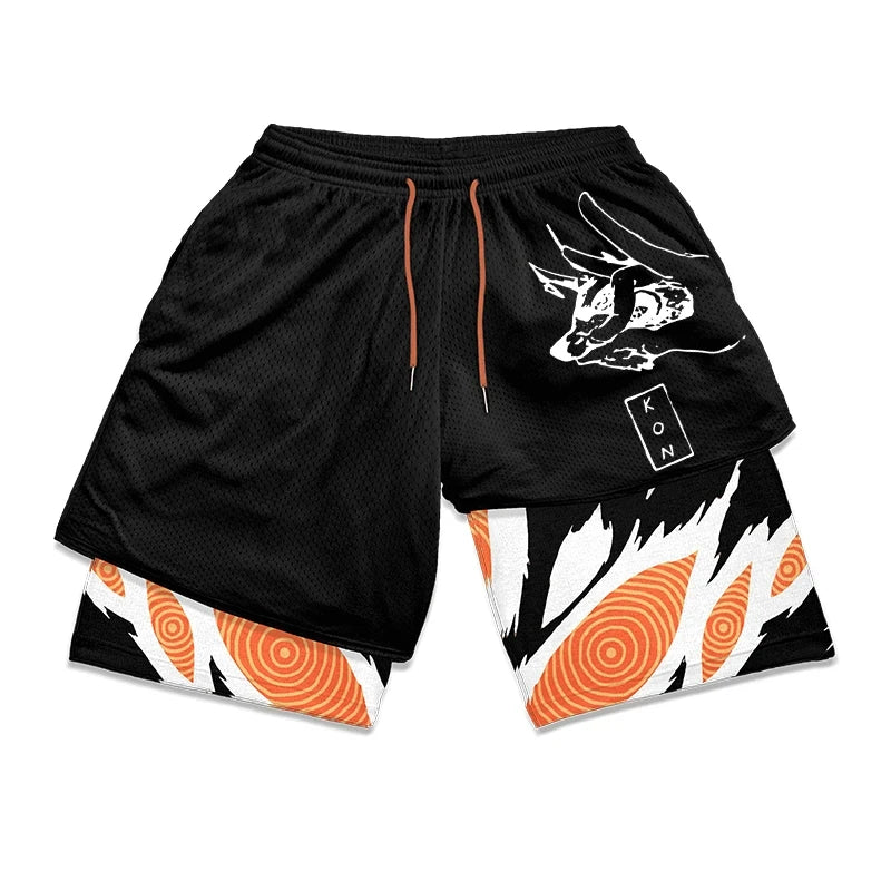 Anime Print Men's 2-in-1 Compression Gym Shorts: Quick Dry Performance