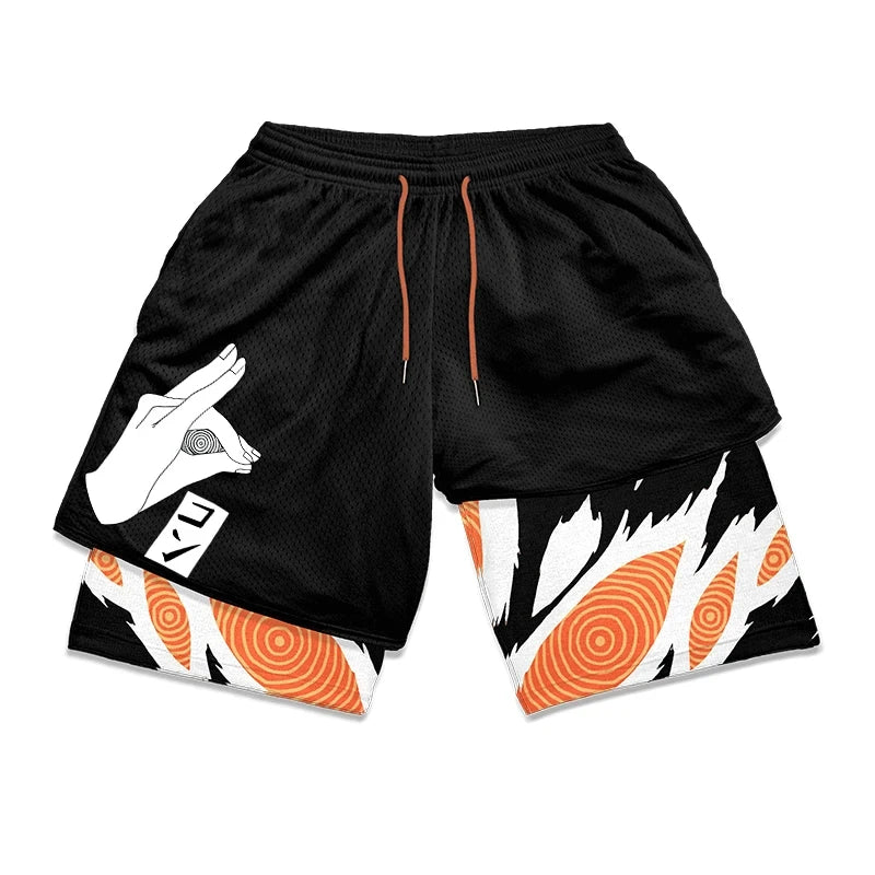 Anime Print Men's 2-in-1 Compression Gym Shorts: Quick Dry Performance