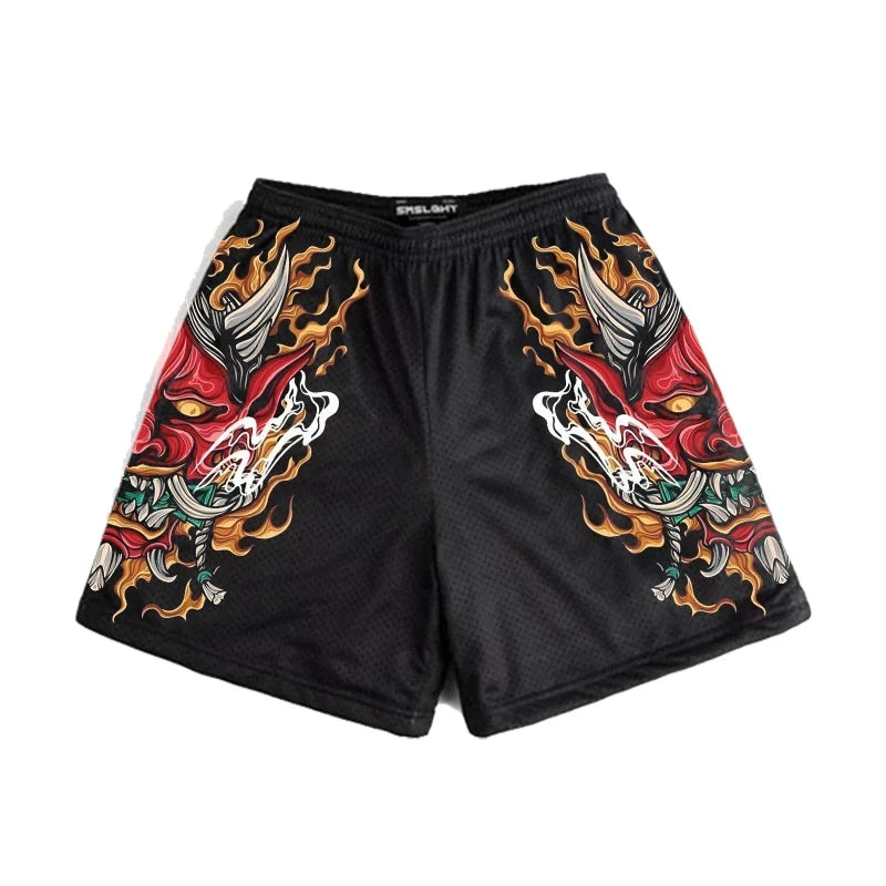 Japanese Anime Style Shorts for Men: Y2K Beach Casual Fashion, Quick Dry Workout Mesh Sweatpants