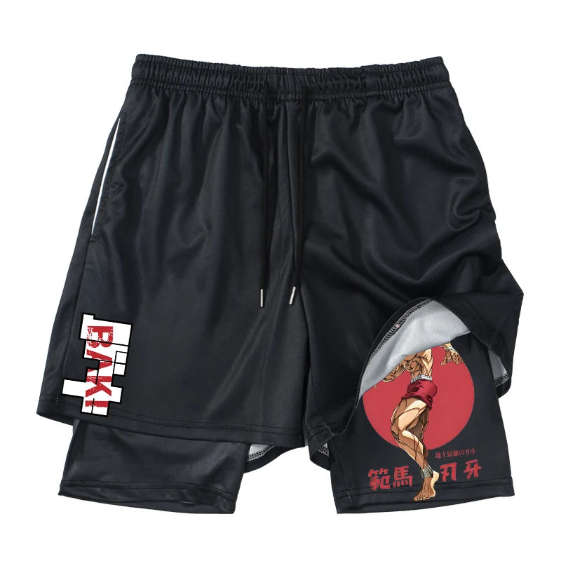 Baki Hanma Anime 2-in-1 Compression Shorts: Quick Dry Gym Fitness Shorts