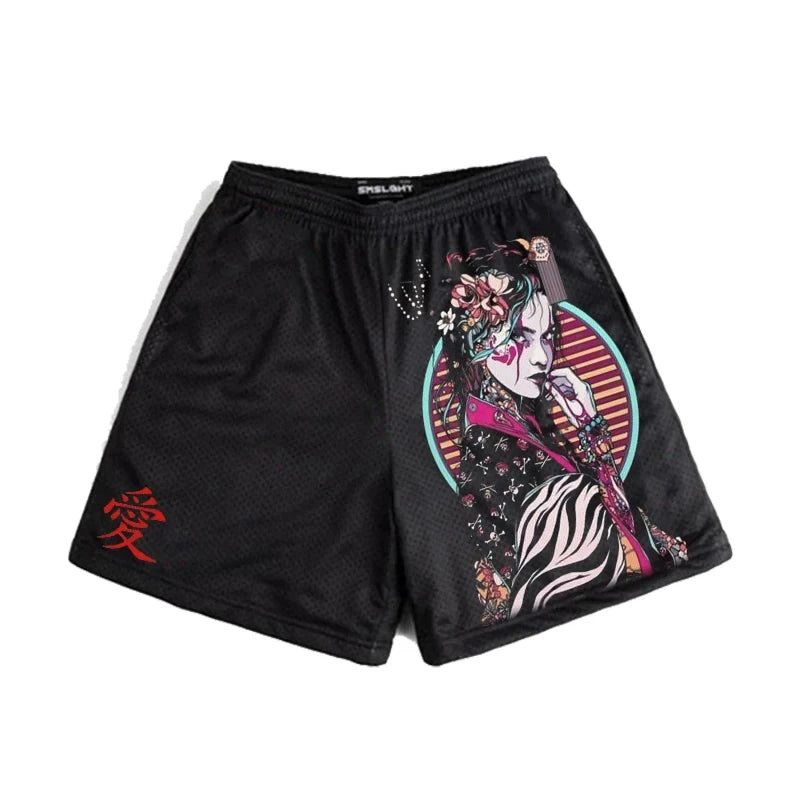 Japanese Anime Style Shorts for Men: Y2K Beach Casual Fashion, Quick Dry Workout Mesh Sweatpants