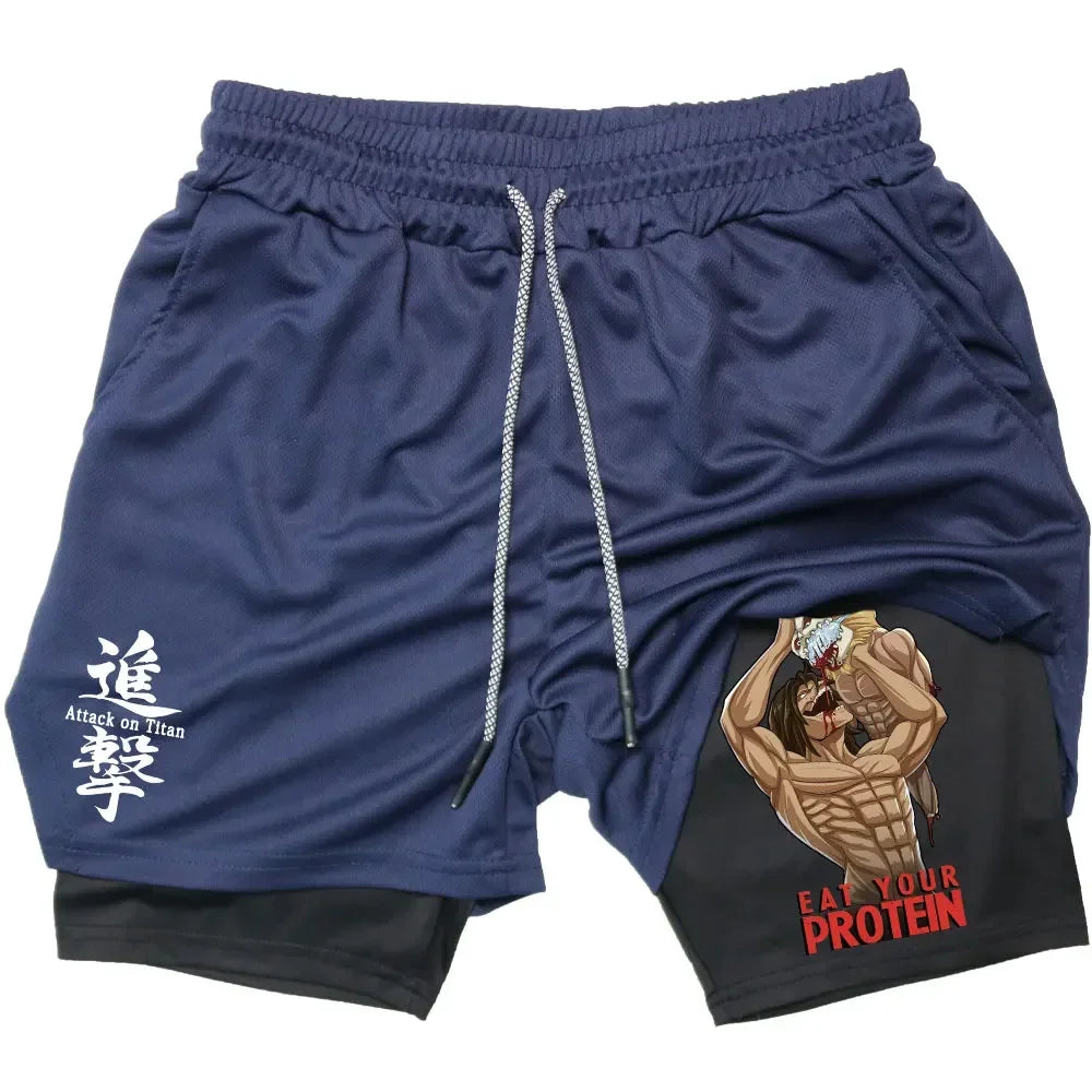 Double Layer Anime Fitness Shorts for Men: Breathable and Quick Dry