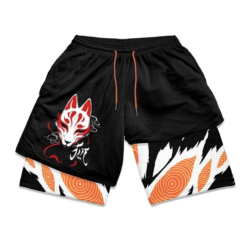 Anime Print Men's 2-in-1 Compression Gym Shorts: Quick Dry Performance