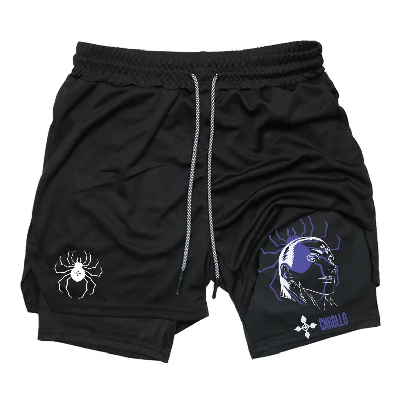 Anime Fusion: Men's Graphic 2-in-1 Performance Shorts - Ideal for Gym, Fitness, and Running with Compression Liner and Phone Pockets.