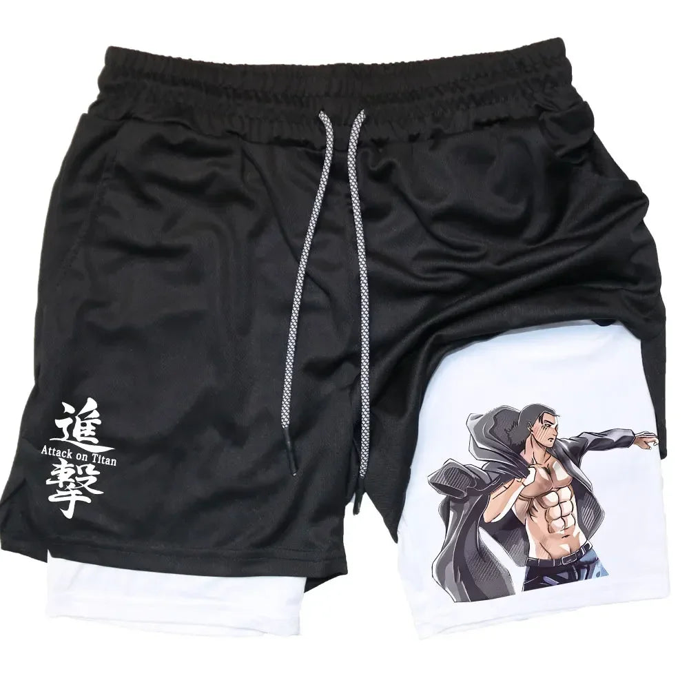 Doppellagige Anime-Fitness-Shorts für Männer: Atmungsaktiv und schnelltrocknend