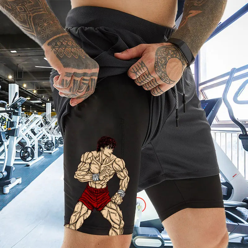 Baki Hanma Anime 2-in-1 Compression Shorts: Quick Dry Gym Fitness Shorts