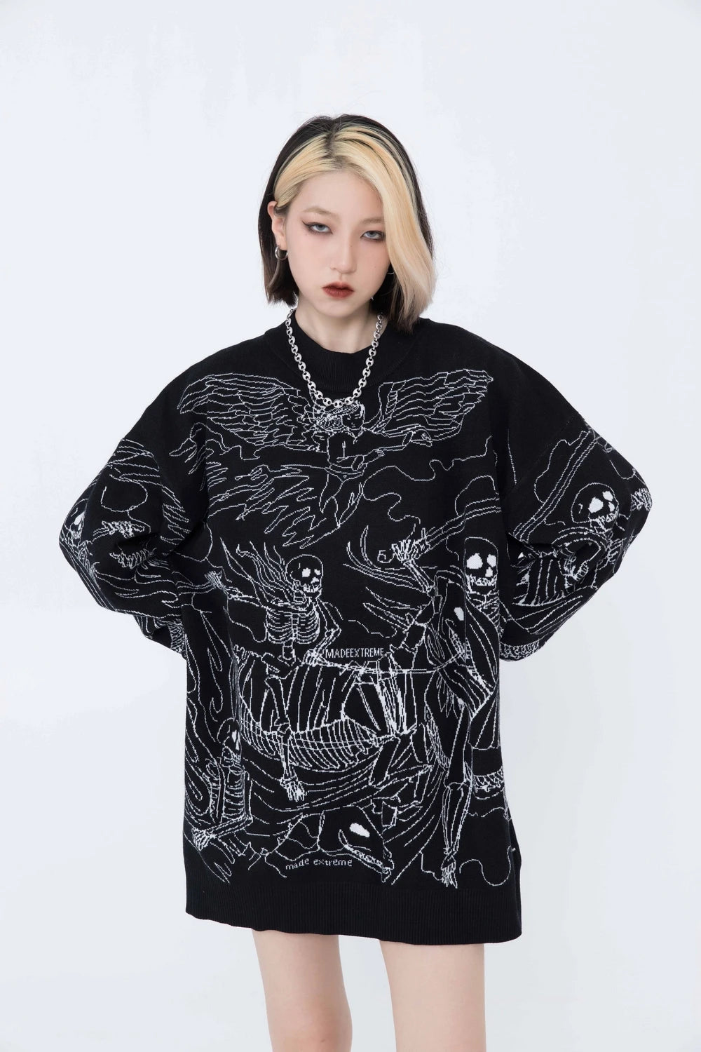 Autumn Streetwear Skull Sweater: Ukiyo-e Graffiti Knit Pullover