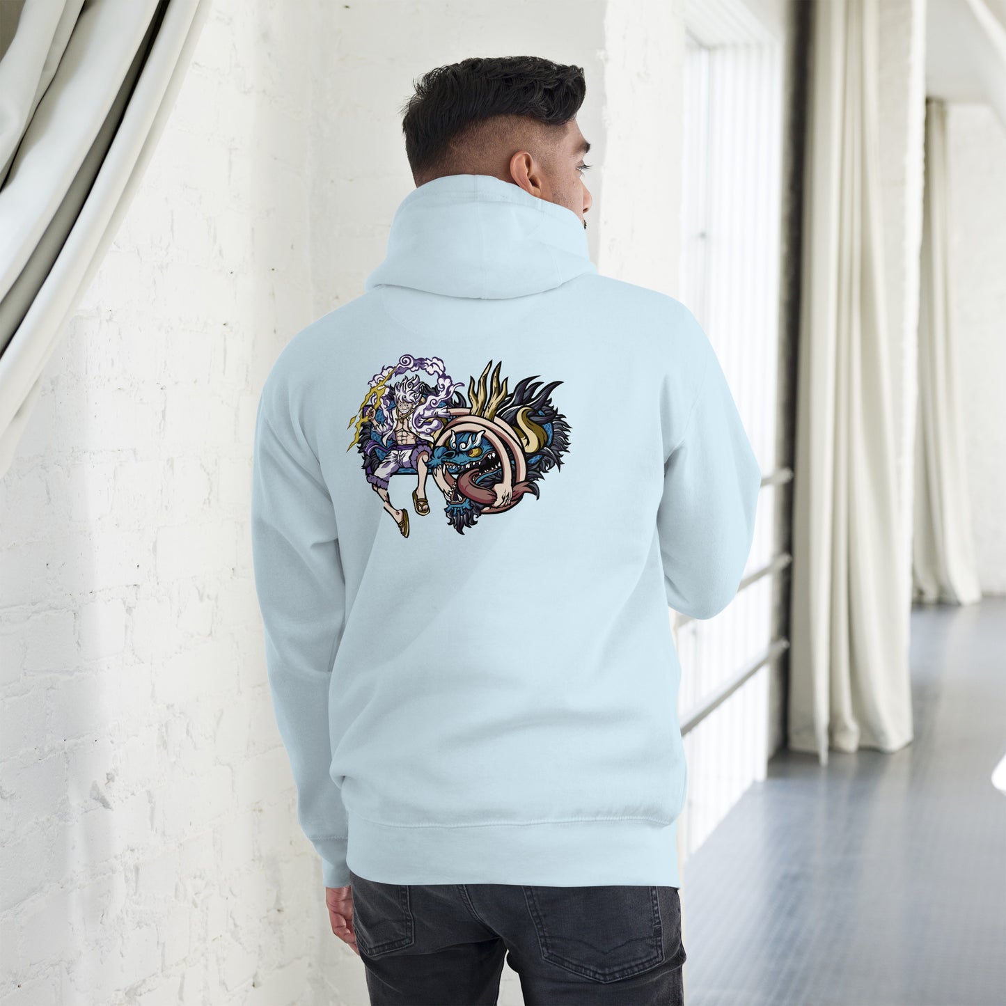 Luffy vs. Kaido in the Land of Wano Front Embroidery & Back DTG Print Unisex Hoodie Collection