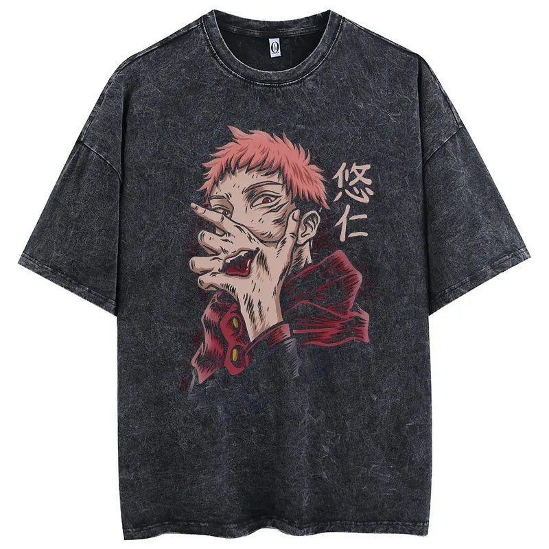 JJK T-shirt Oversized Acid Washed Tee Print Retro Punk T-shirt 100% Cotton Casual.