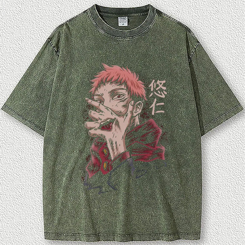 JJK T-shirt Oversized Acid Washed Tee Print Retro Punk T-shirt 100% Cotton Casual.