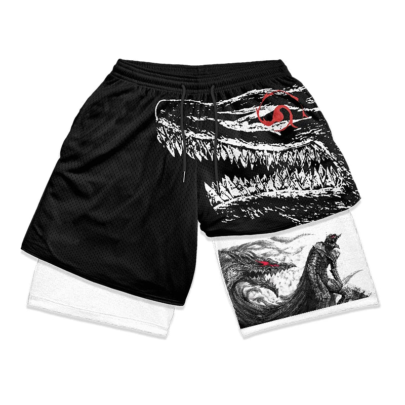 Men's Anime Graphic 2-in-1 Running Shorts: Athletic Gym Workout Shorts with Compression Liner, Pockets, and Quick Dry Fabric.