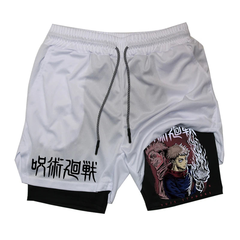 Anime Fusion: Men's Graphic 2-in-1 Compression Shorts - Gym Workout Essential.