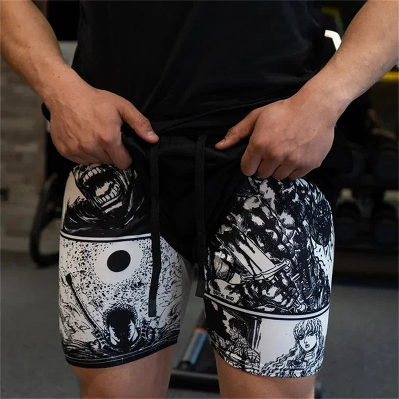 Anime Fusion: 2 in 1 Workout Running Shorts for Men.