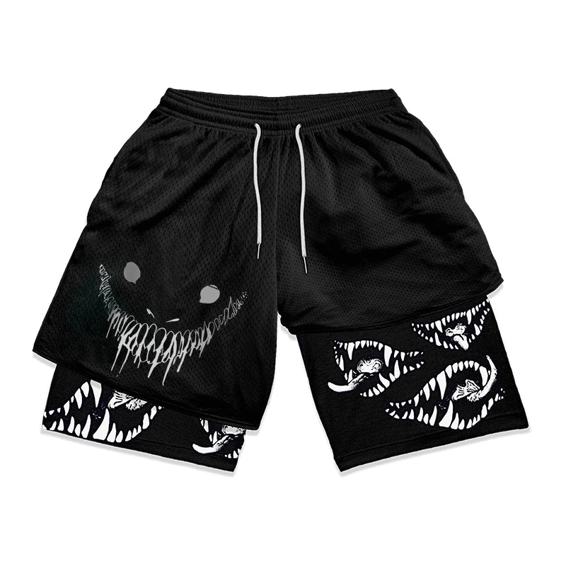 Men's Anime Graphic 2-in-1 Running Shorts: Athletic Gym Workout Shorts with Compression Liner, Pockets, and Quick Dry Fabric.