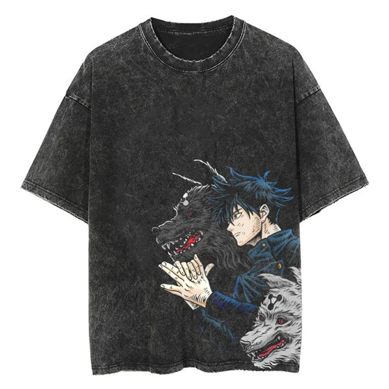 Vintage Black Washed Cotton Tees Shirts Anime Graphic Tshirts for Men Women Casual Short Sleeve Tops Cosplay Hip Hop Streetwear.