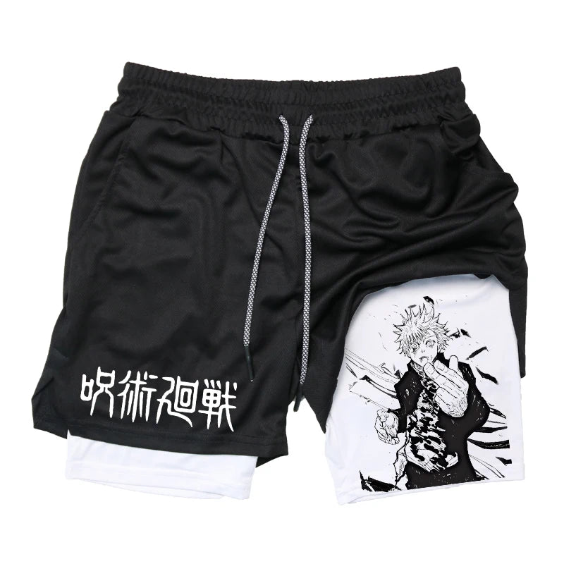 Anime Fusion: Graphic 2 in 1 Compression Shorts for Men with Innovative Features.