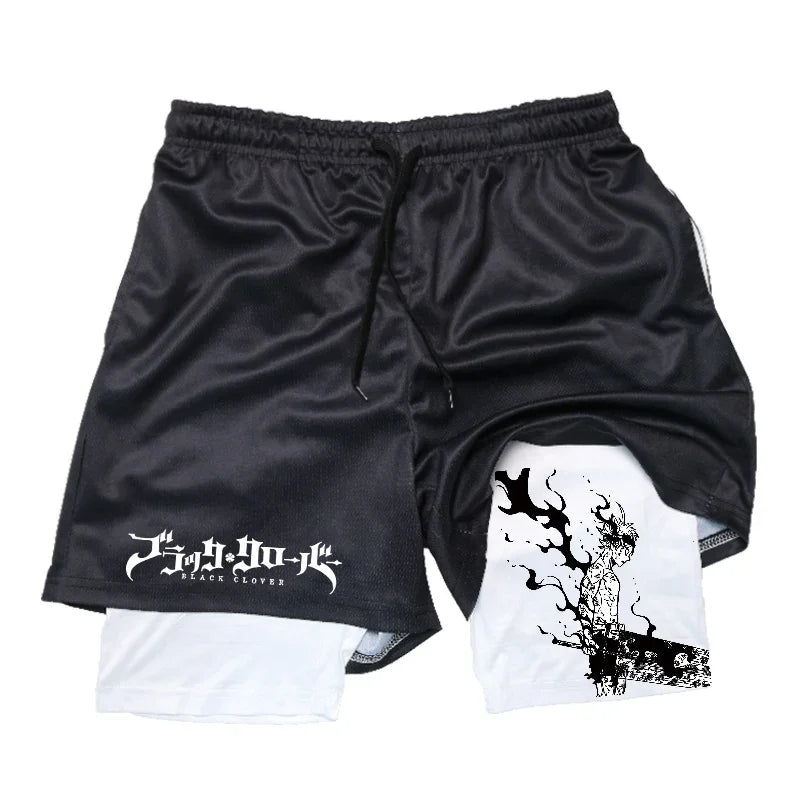 Anime Fusion: Men's Gym and Running 2-in-1 Compression Shorts - Quick Dry and Stretchy.